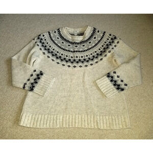 Womens Sweater-L.L. BEAN-beige/black fair isle Nordic lambs'wool Classic po-PM